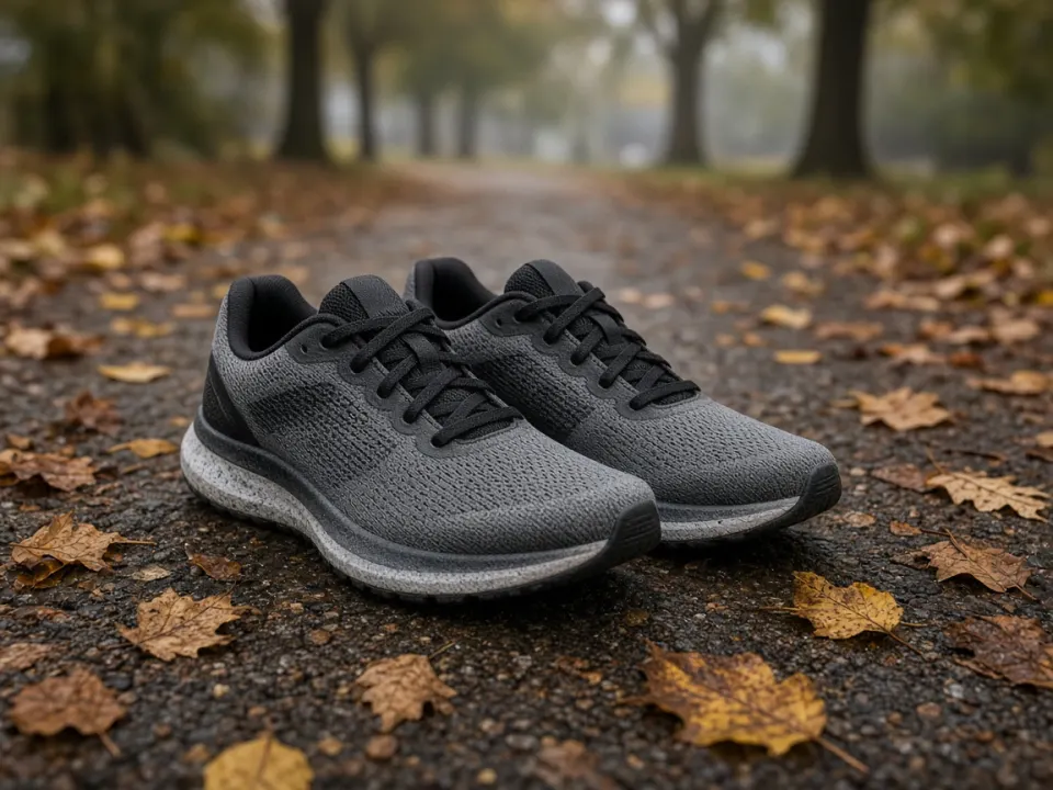 A pair of plain running shoes on a damp park path with fallen leaves