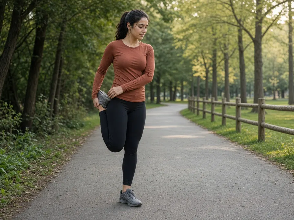 A woman in a long-sleeve top stretches her quadriceps on a quiet park path after a run