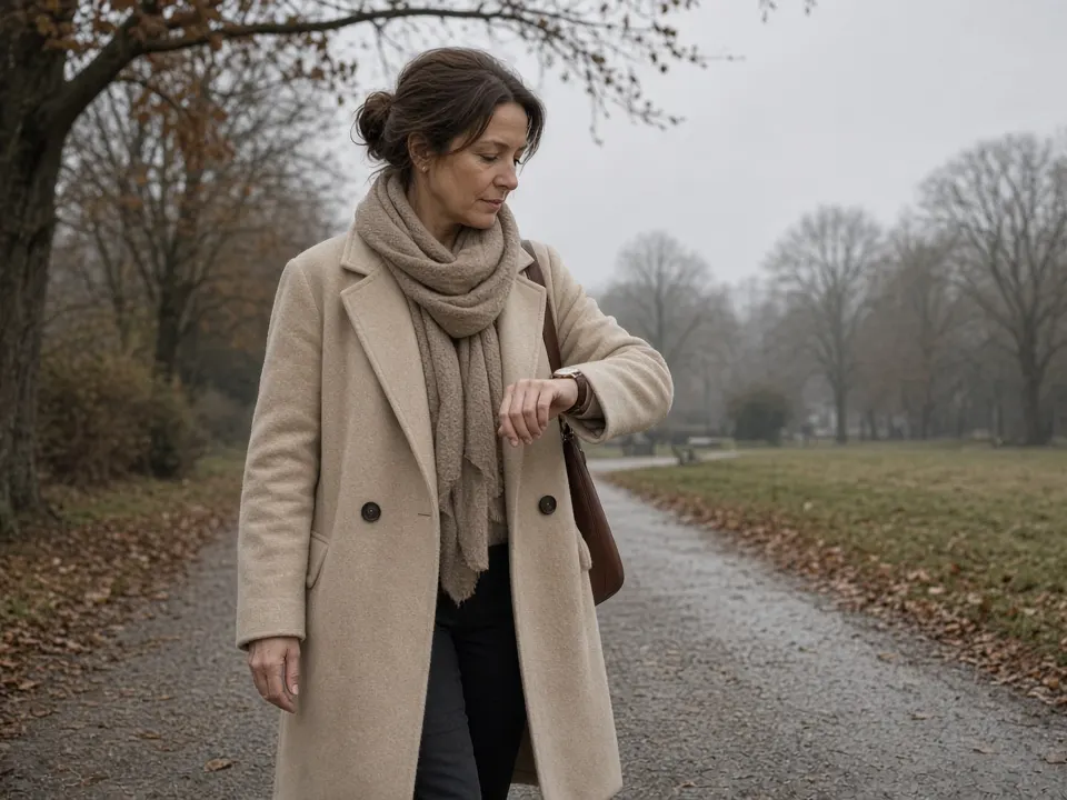 An adult in a beige coat checking a wristwatch on a quiet park path