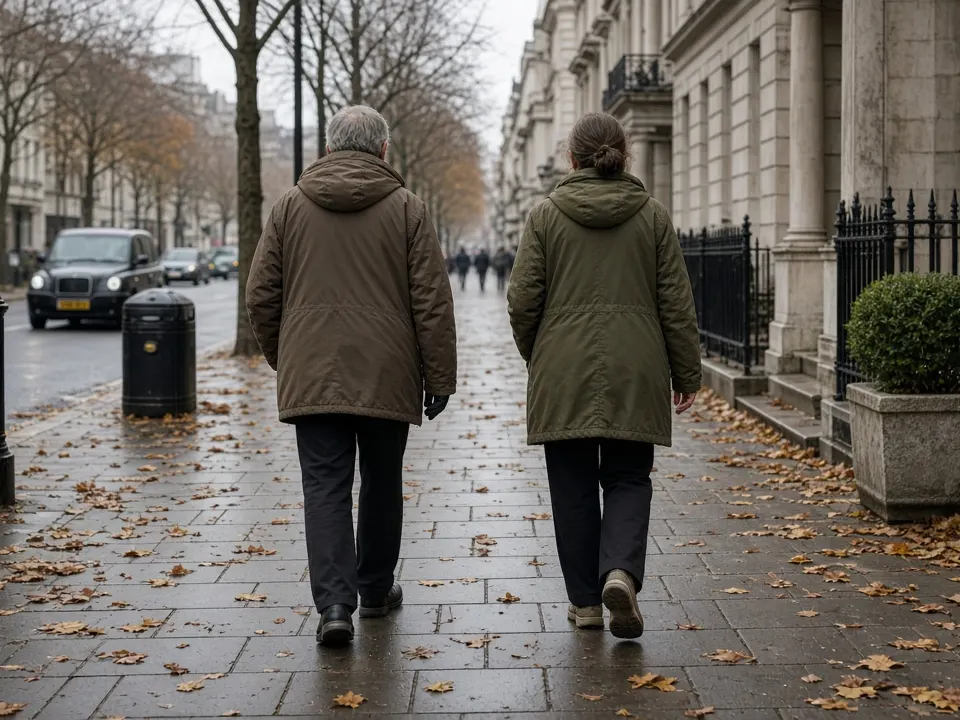 Two adults in autumn jackets walking away along a city pavement