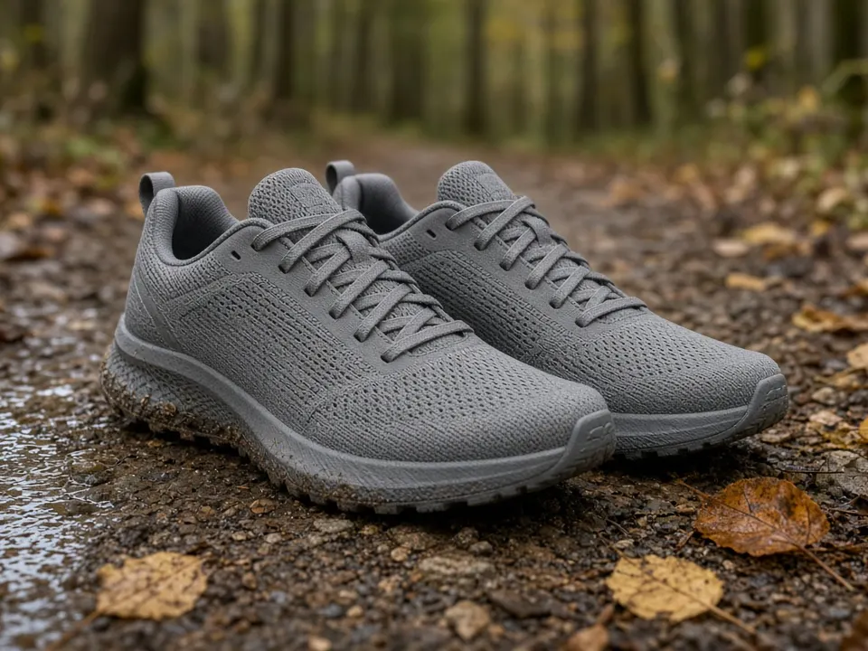 Plain grey running shoes on a wet woodland trail