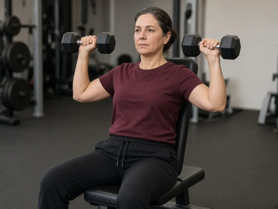 A woman in a maroon t-shirt pressing dumbbells on a bench