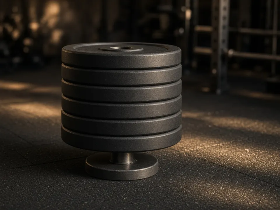Stacked unbranded black weight plates on a gym peg