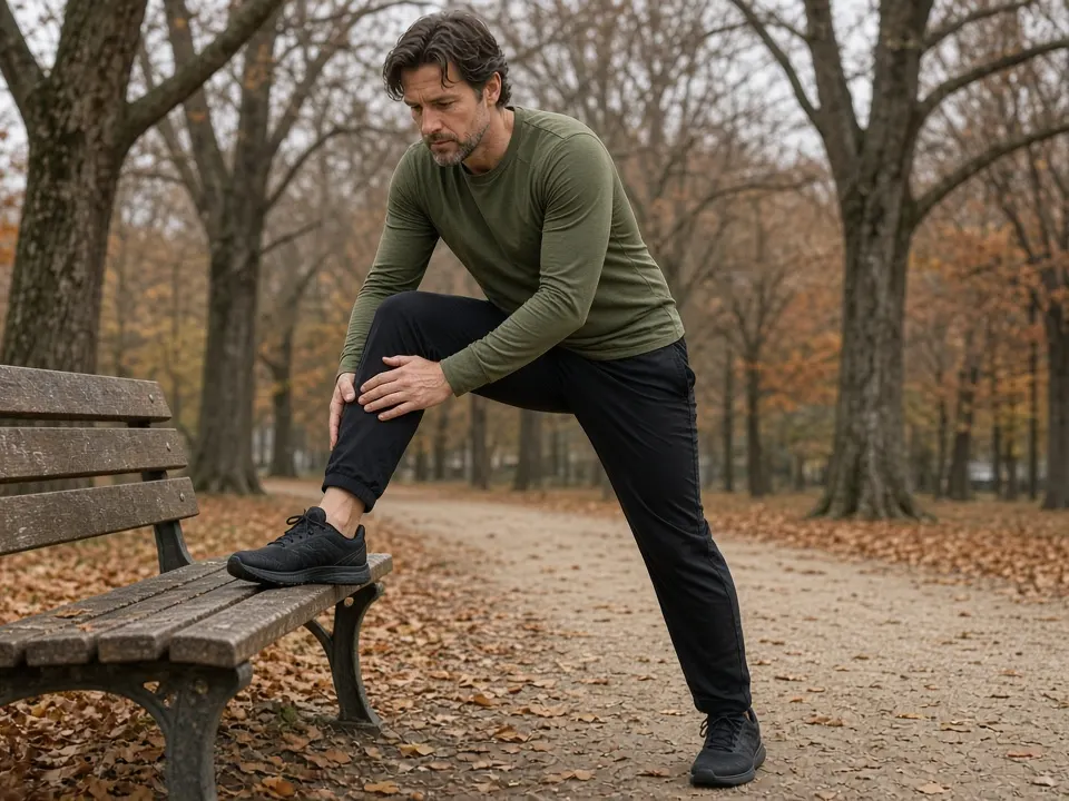 A man in a long-sleeve top stretching a calf against a park bench after a run