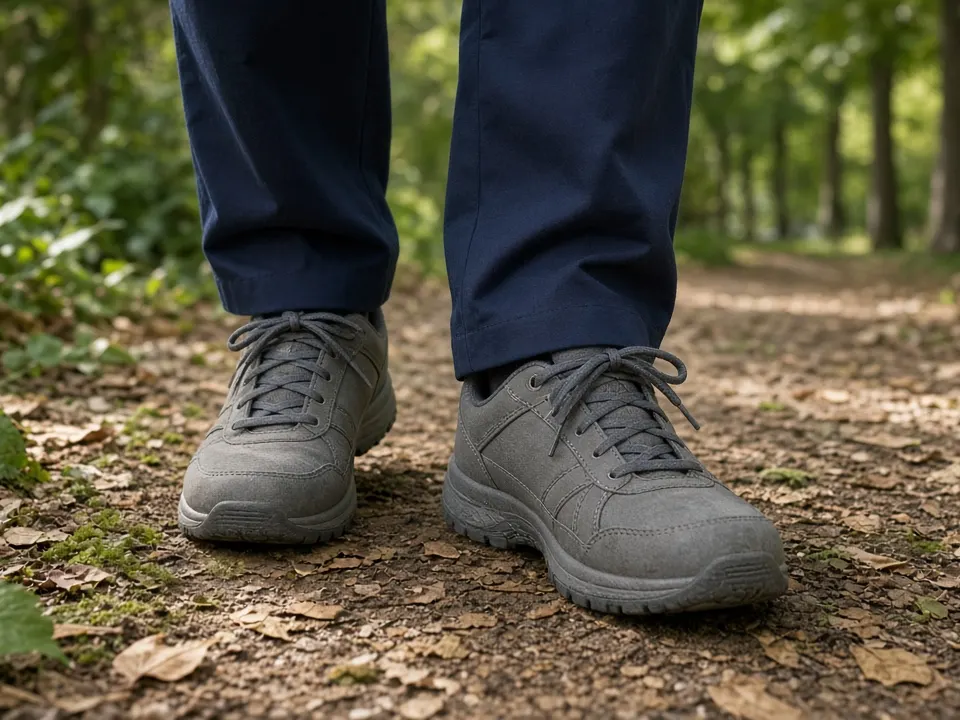 Unbranded walking shoes on a leafy park path
