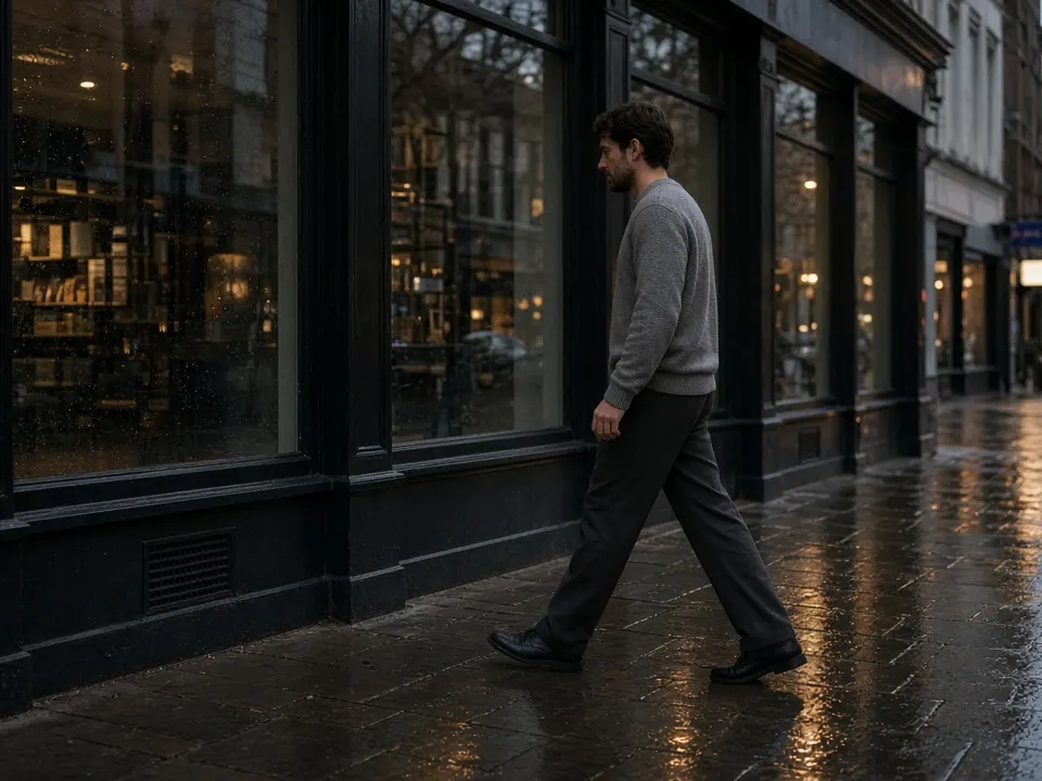 A person in a grey jumper walking a wet city street past shop windows